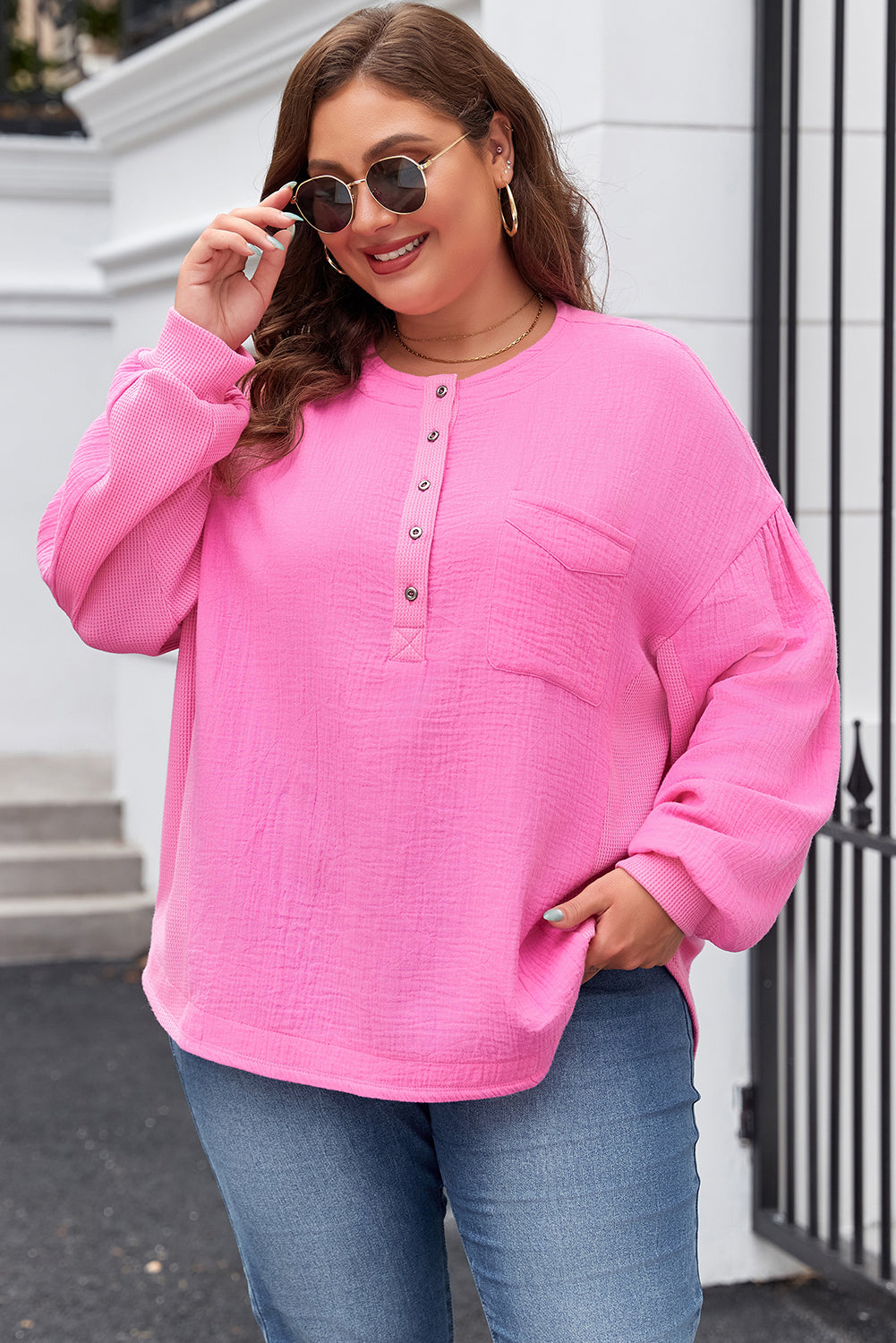 Bonbon Chest Pocket Crinkle Drop Sleeve Plus Size Henley Top