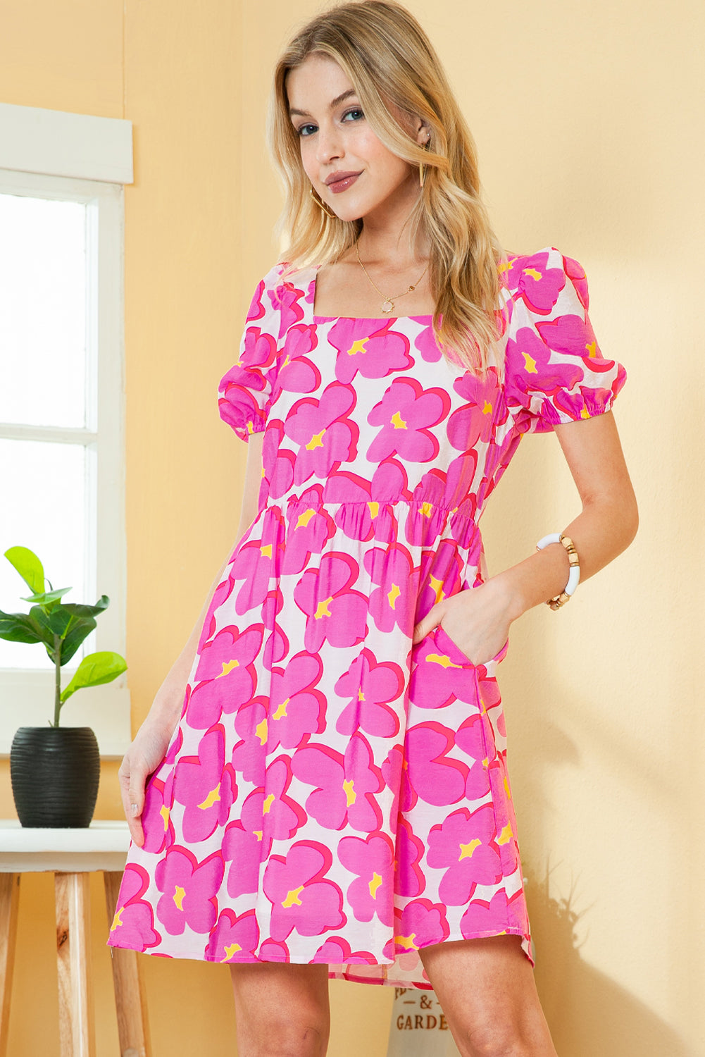 Rose 60s Floral Print Puff Sleeve Babydoll Short Dress