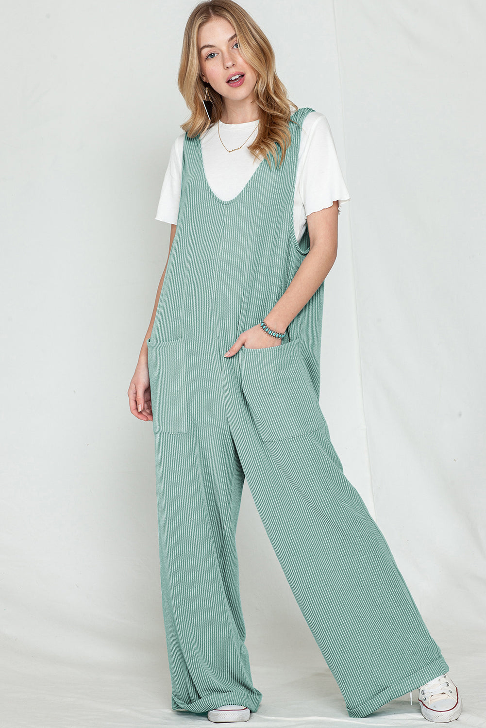 Green Pockets Oversized Ribbed Wide Leg Jumpsuit