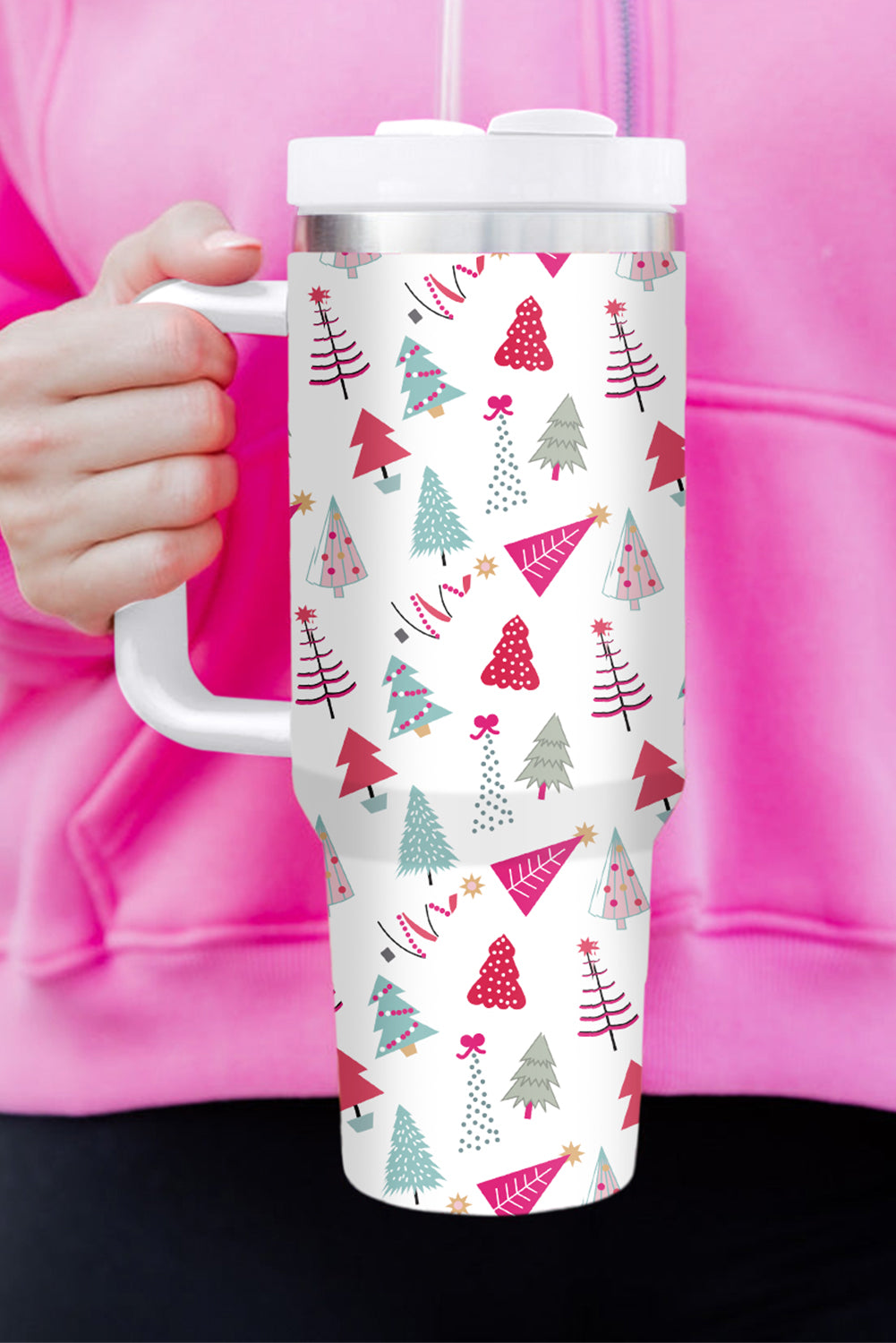 Black Cartoon Christmas Tree Printed Thermos Cup 40oz