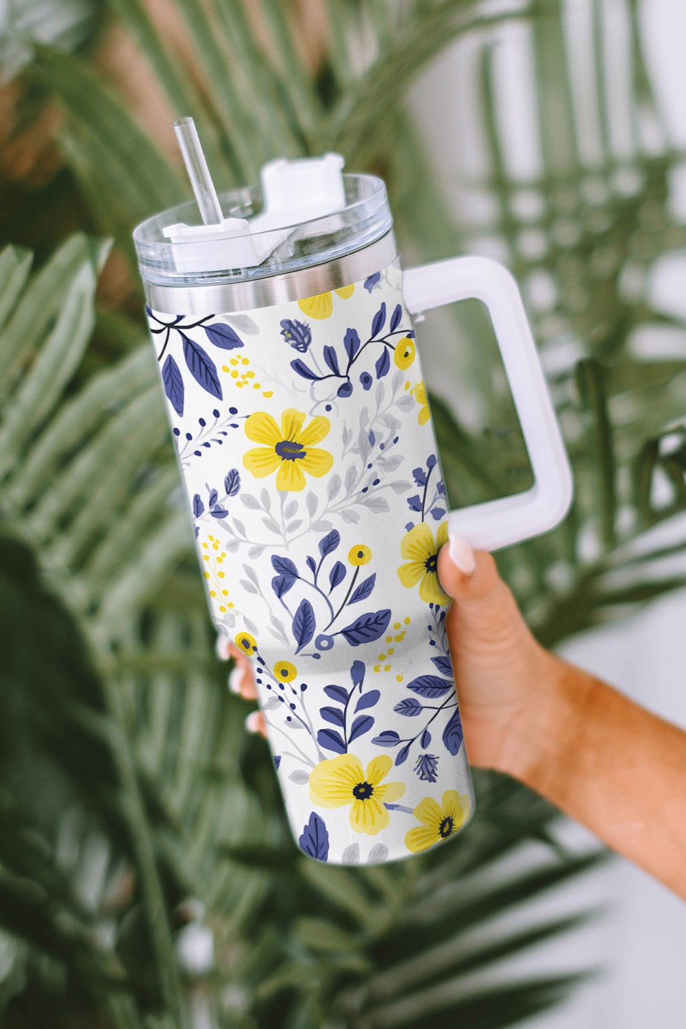 White Flower Print Stainless Handled Large Tumbler 40oz