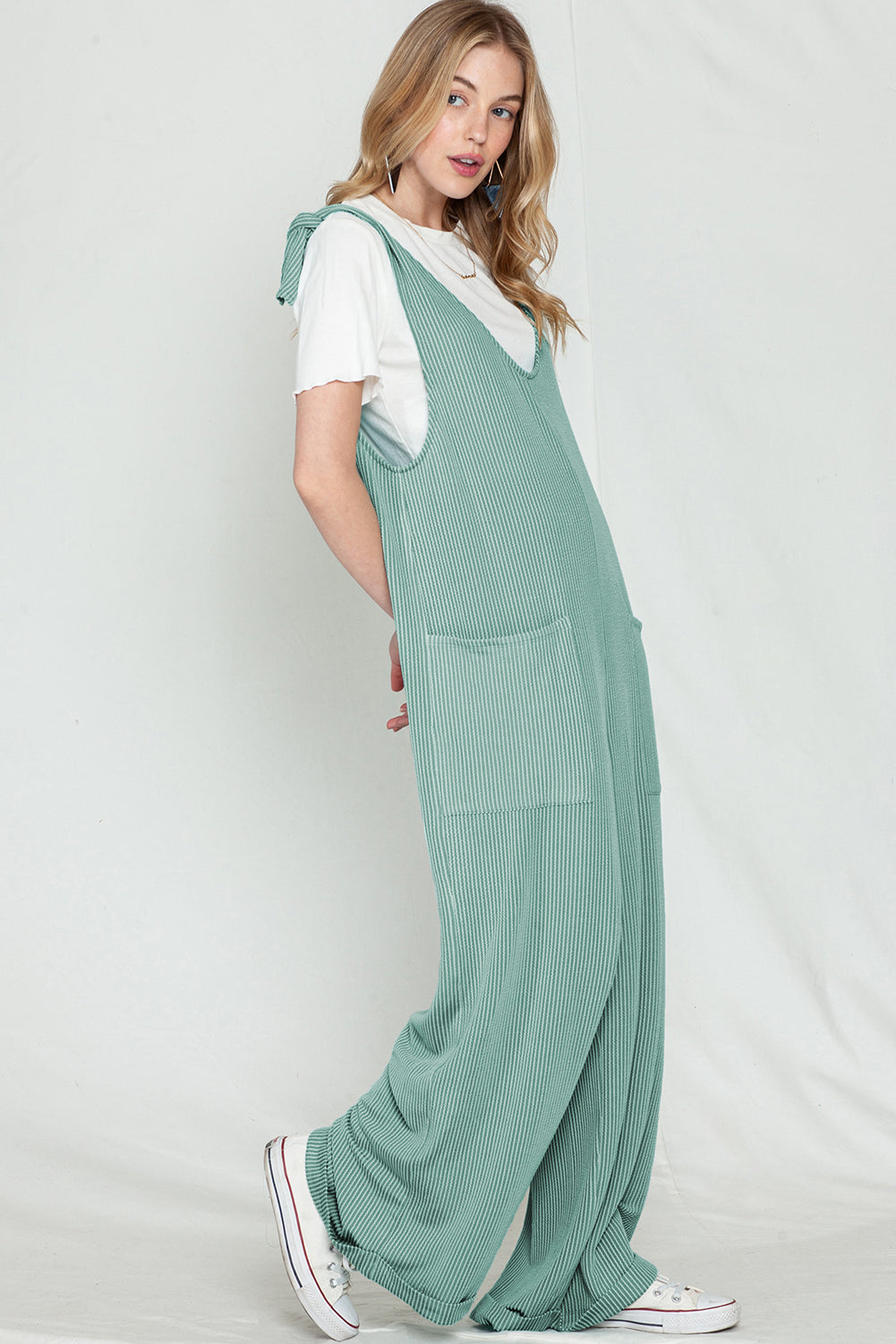 Green Pockets Oversized Ribbed Wide Leg Jumpsuit