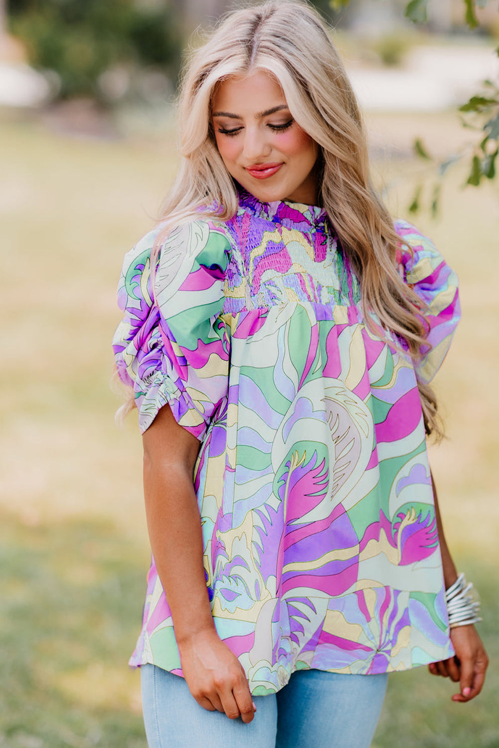 Pink Abstract Print Smocked Bubble Sleeve Blouse