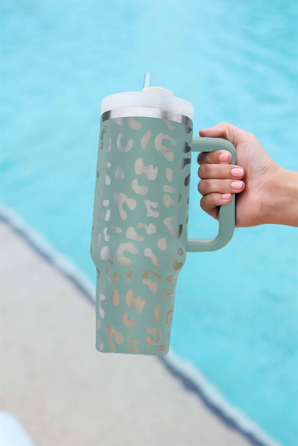 Pink 40oz Stainless Steel Portable Leopard Tumbler Mug With Handle