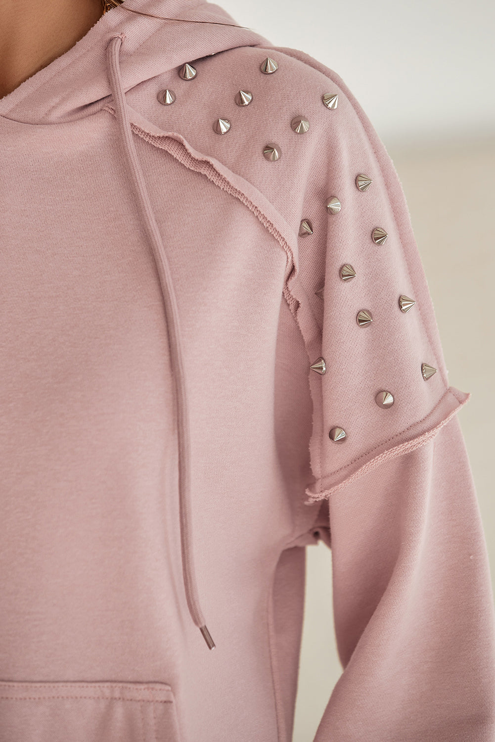 Sand Pink Stud Detail Kangaroo Pocket Hoodie