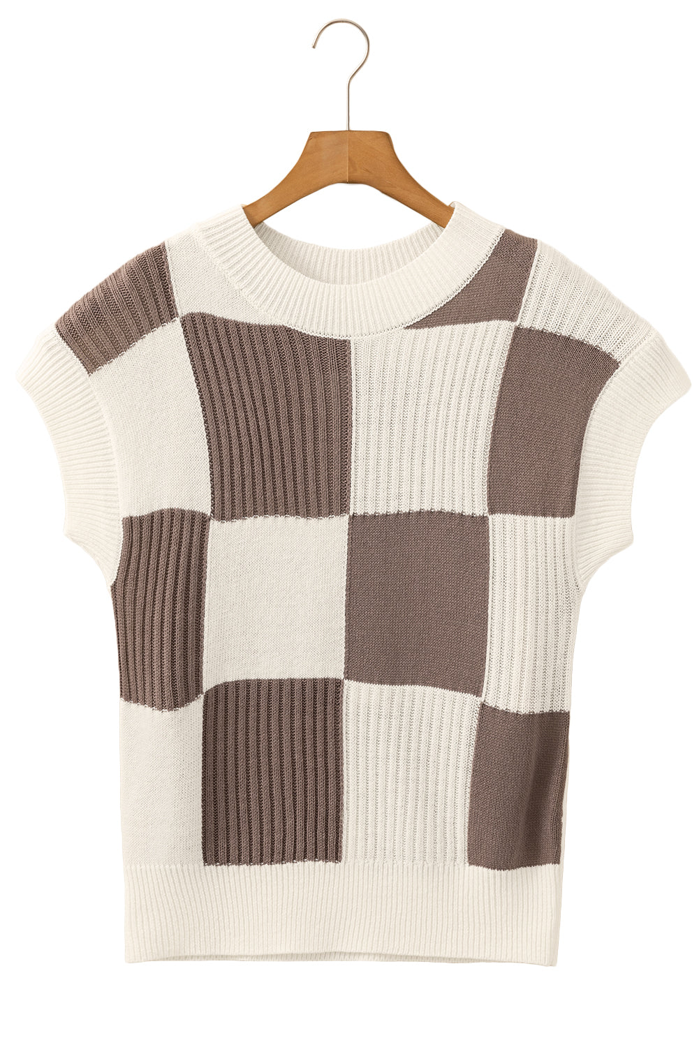 Khaki Checkered Color Block Crew Neck Short Sleeve Sweater