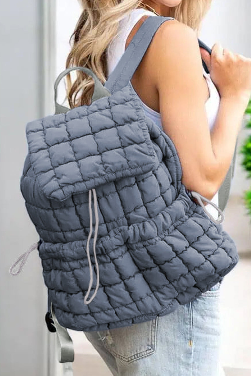 Black Solid Flapped Quilted Puffer Backpack