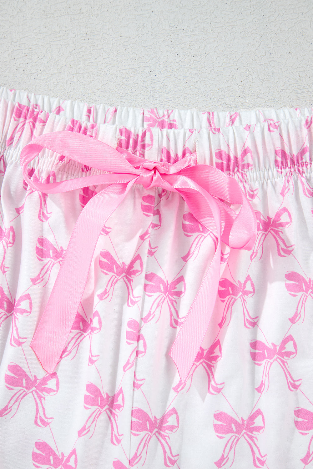 Pink Bowknot Print Shirt and Ruffle Hem Shorts Pajama Set