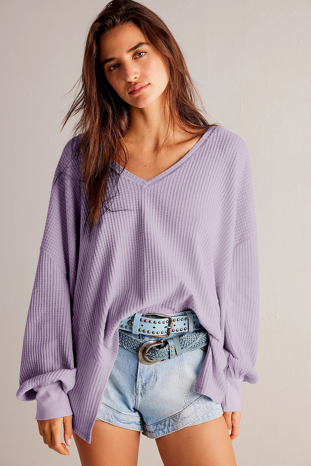 Waffle V Neck Drop Shoulder Loose Top