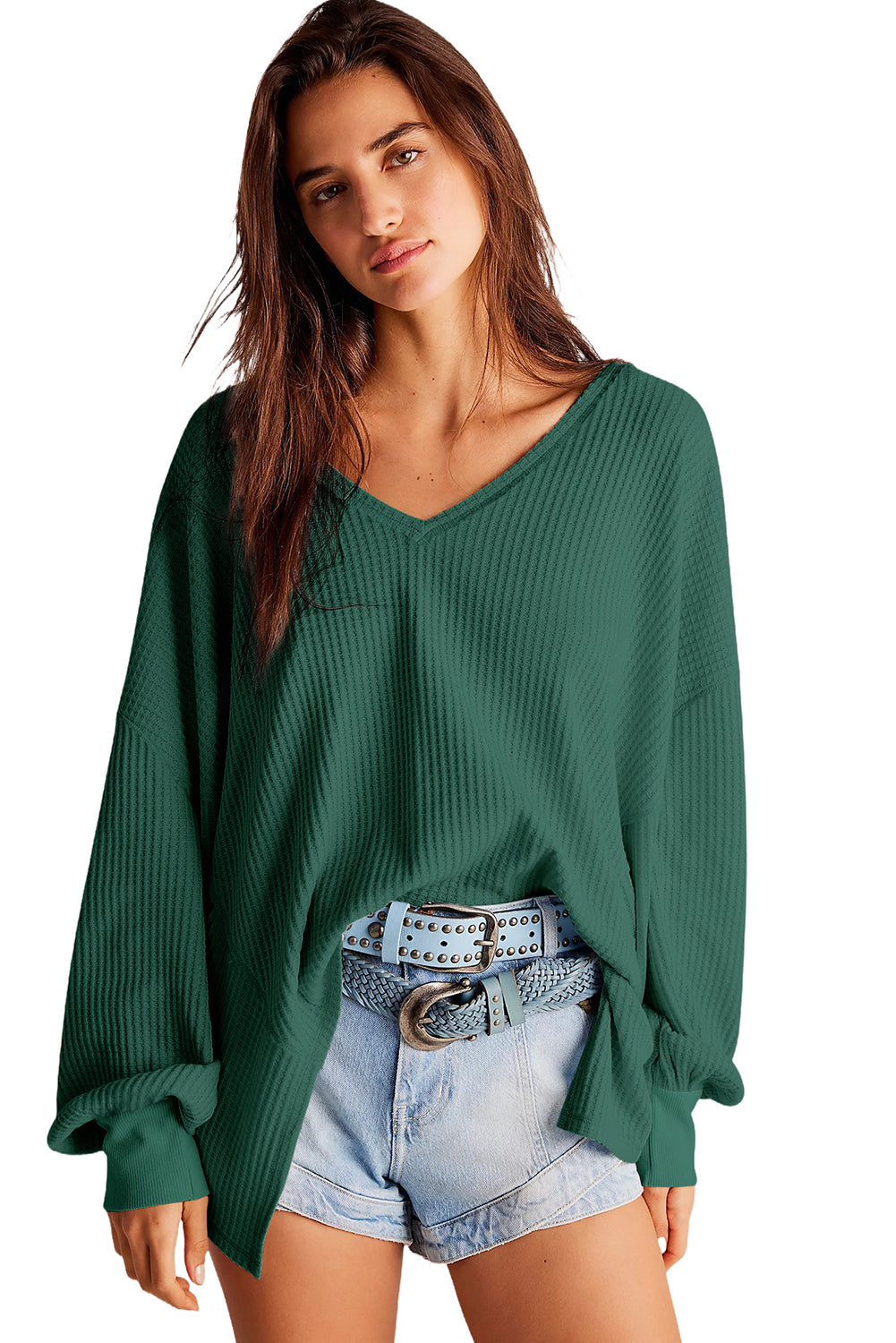 Waffle V Neck Drop Shoulder Loose Top