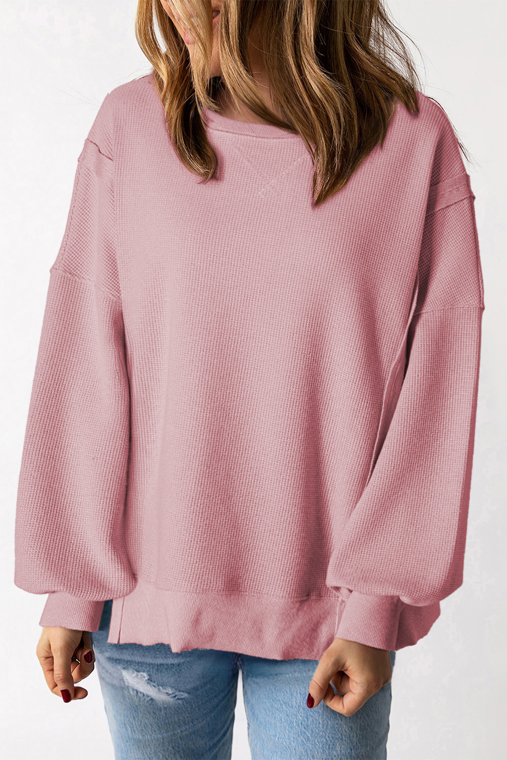 Pink Waffle Bishop Sleeve Split Oversized Sweatshirt