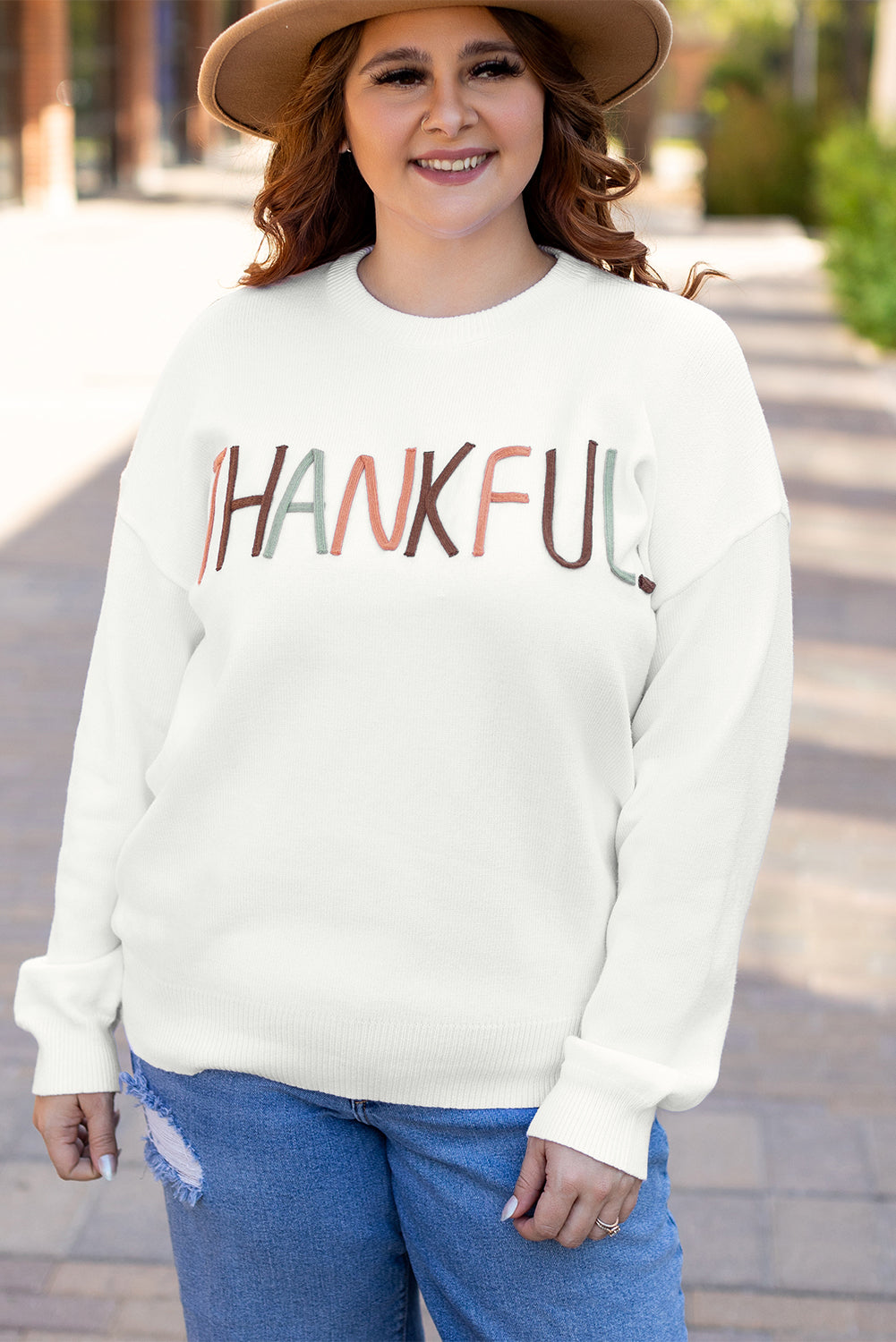 White Plus Size Thankful Embroidered Sweater