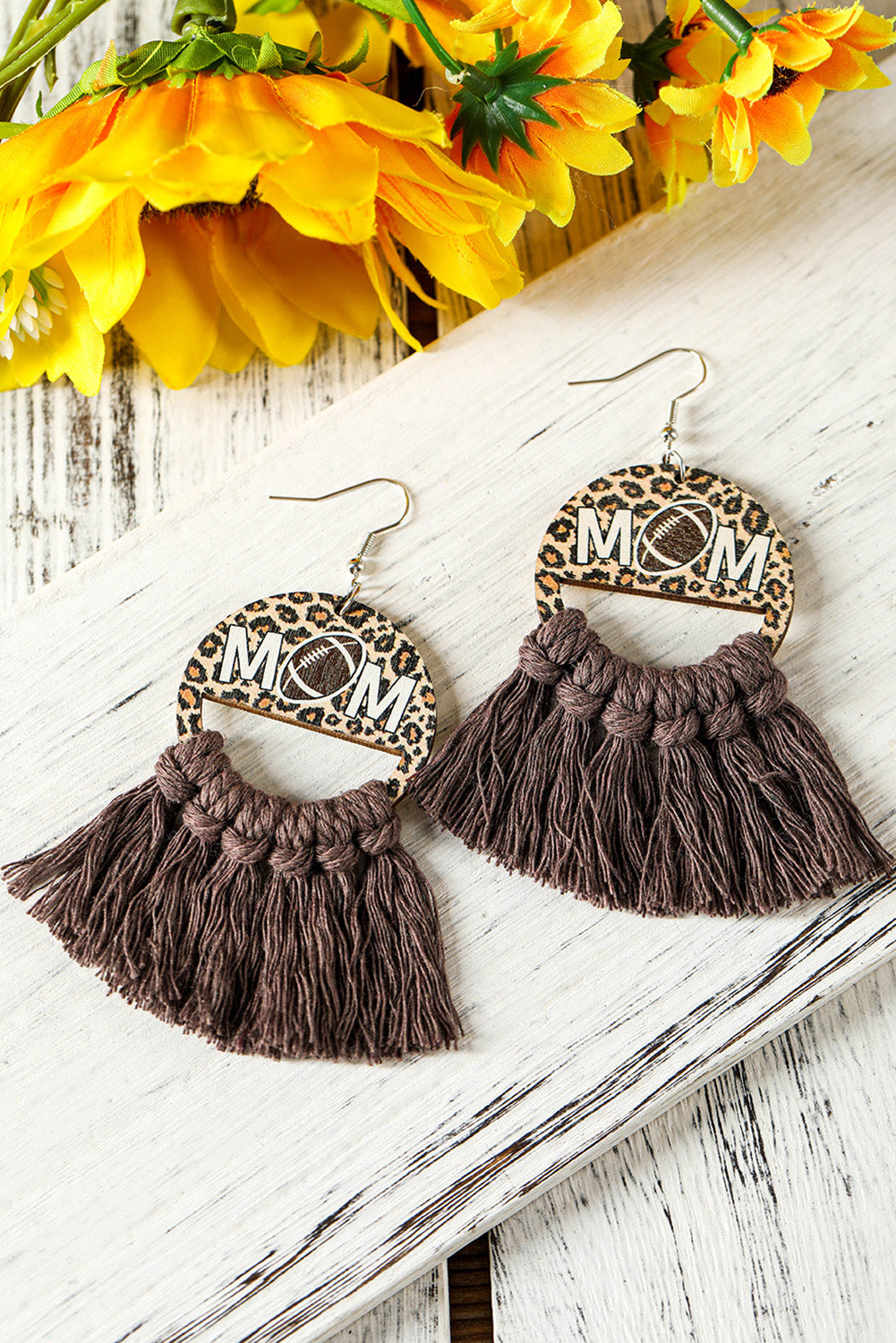 White Leopard Rugby MOM Print Fringed Hook Earrings