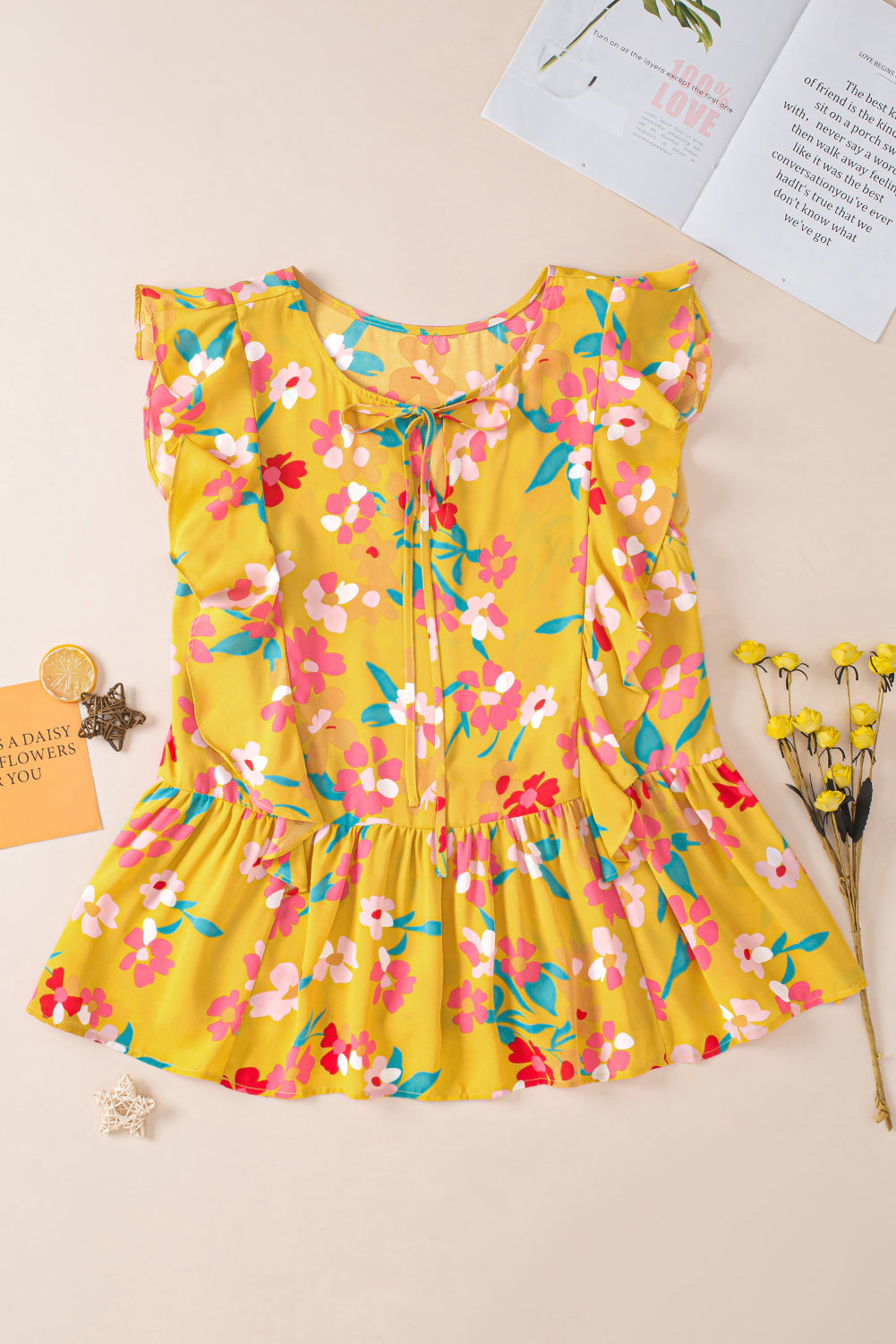 Yellow Plus Size Floral Print Trim Tie Neck Ruffle Sleeveless Shirt