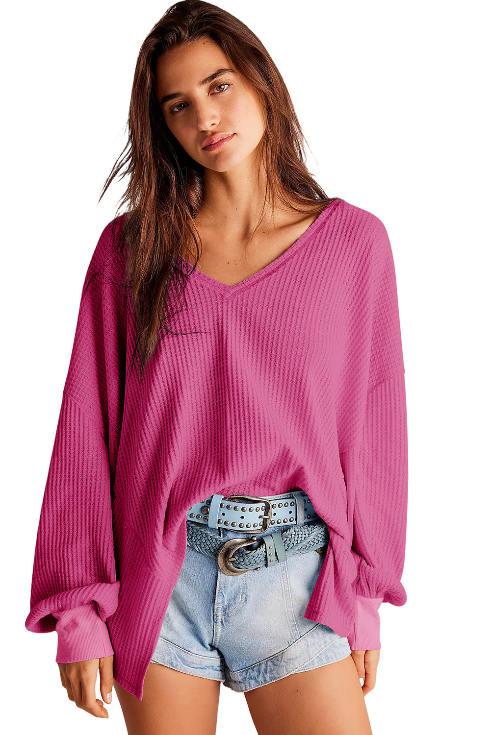 Waffle V Neck Drop Shoulder Loose Top