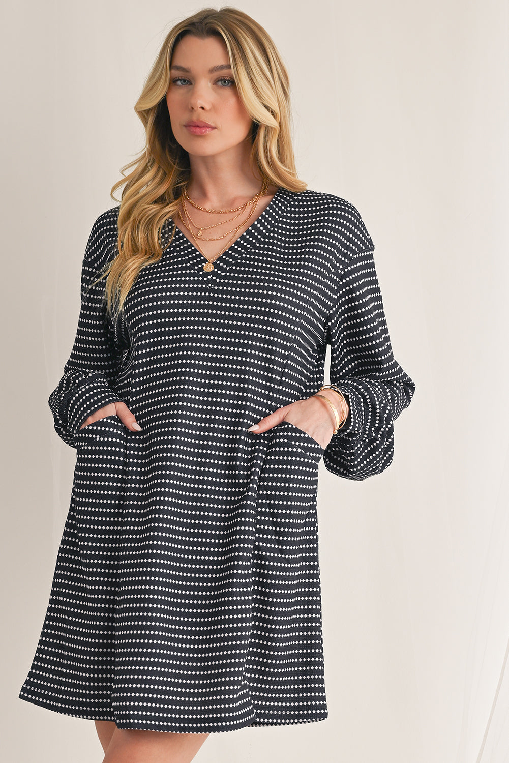 Black Striped V-Neck Long Sleeve Mini Dress