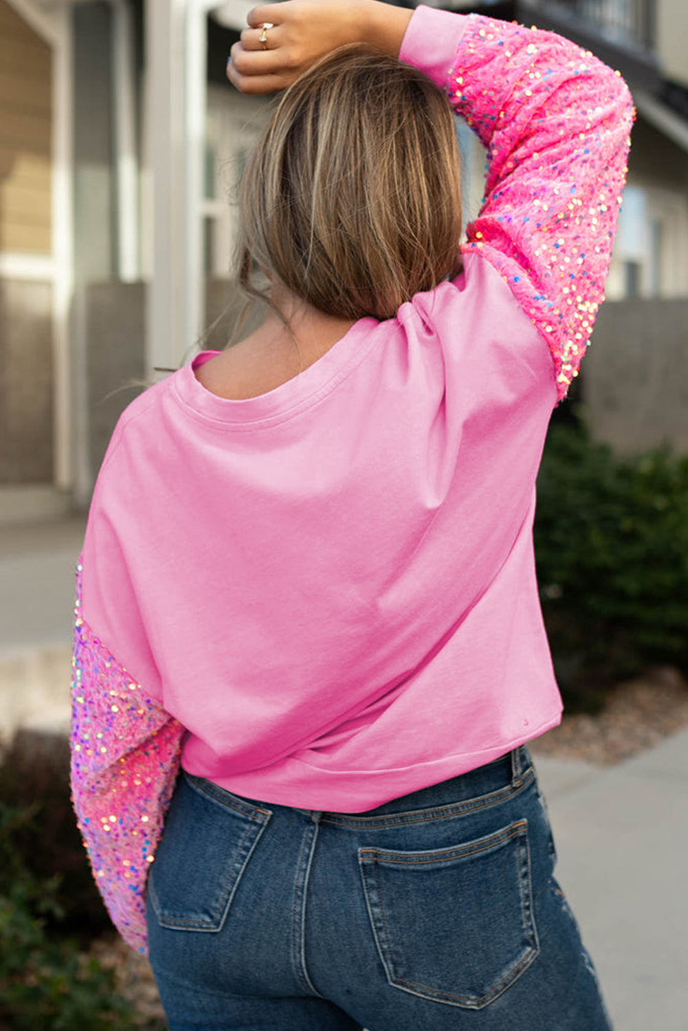 Pink Plus Size Santa Christmas Sequin Sleeve Patchwork Sweatshirt