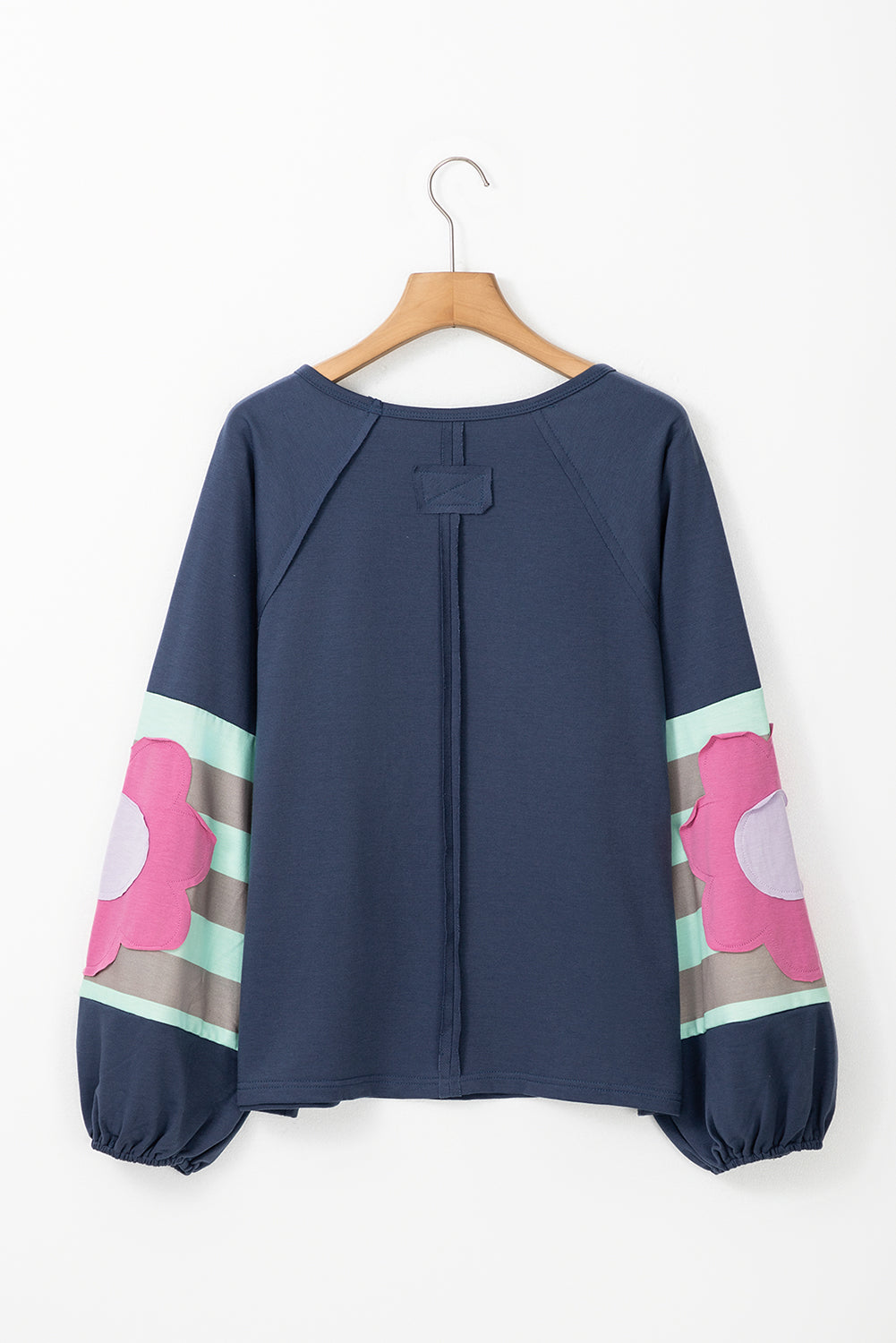 Sail Blue Flower Patchwork Exposed Seam Raglan Sleeve Top