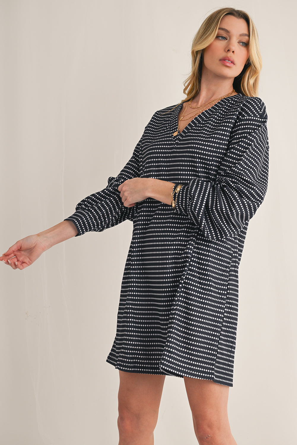 Black Striped V-Neck Long Sleeve Mini Dress