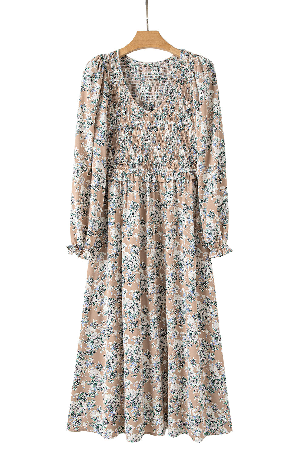 Khaki Floral Smocked Puff Sleeve Maxi Dress