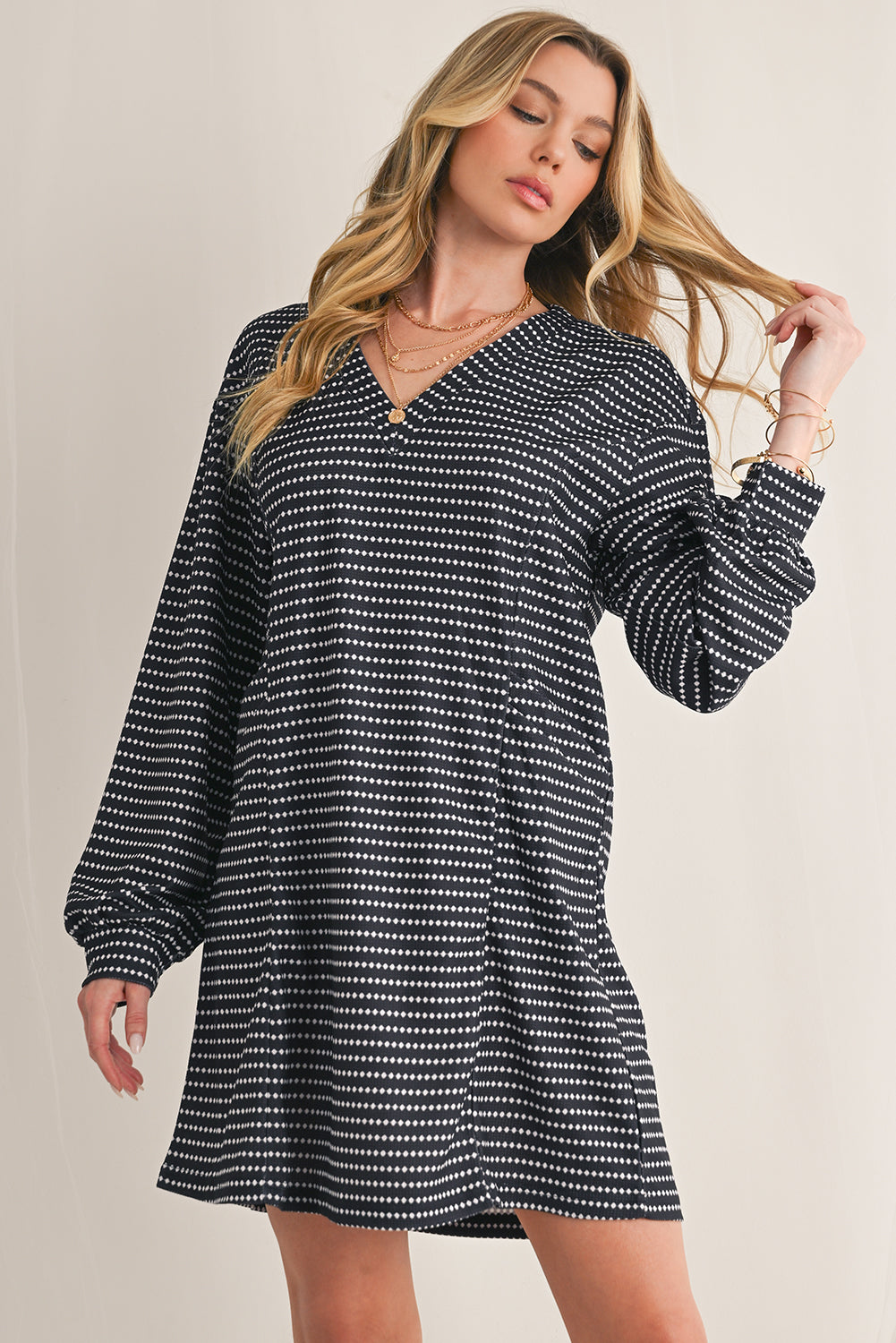 Black Striped V-Neck Long Sleeve Mini Dress