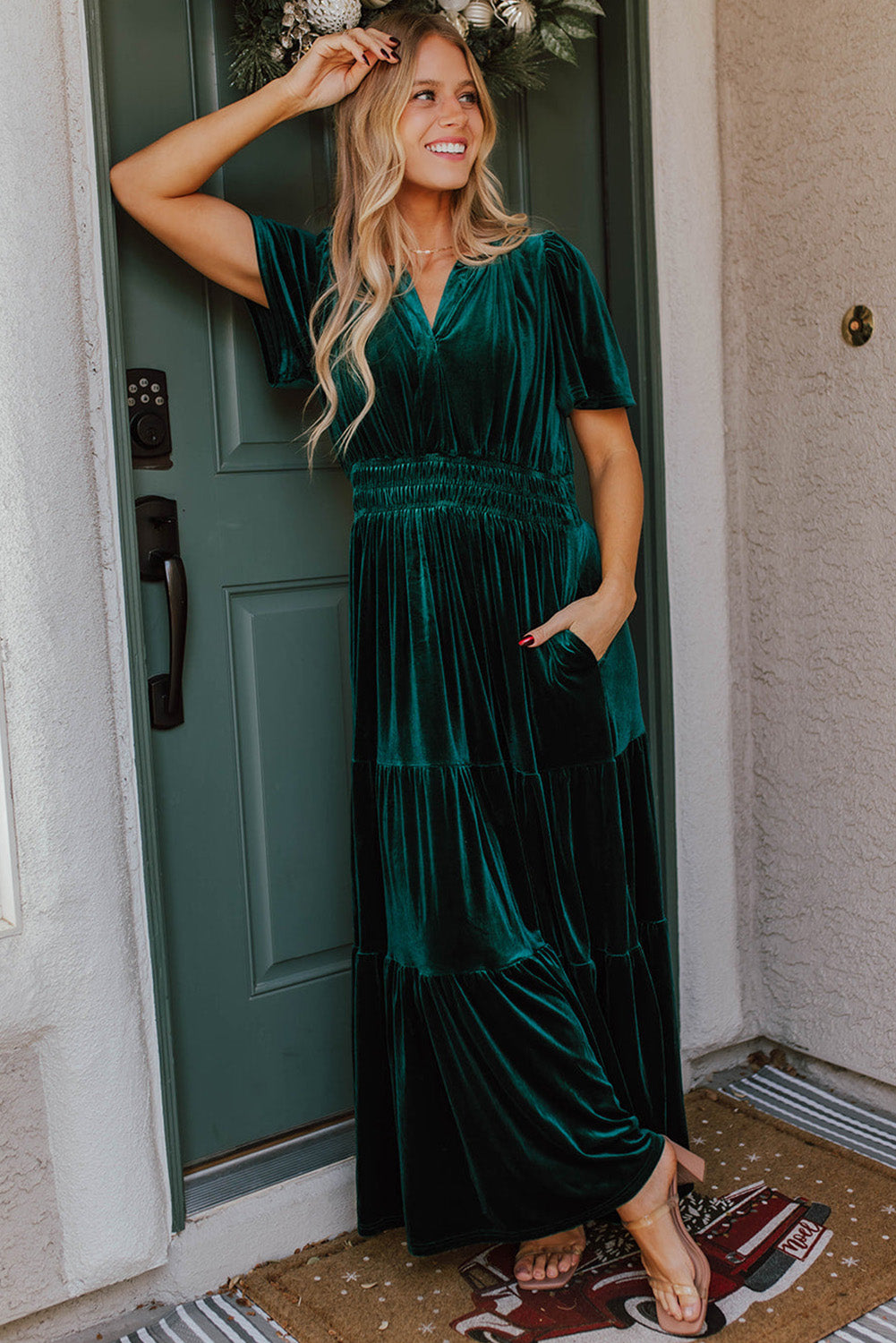 Evergreen Velvet Puff Short Sleeve Smocked Waist Tiered Maxi Dress