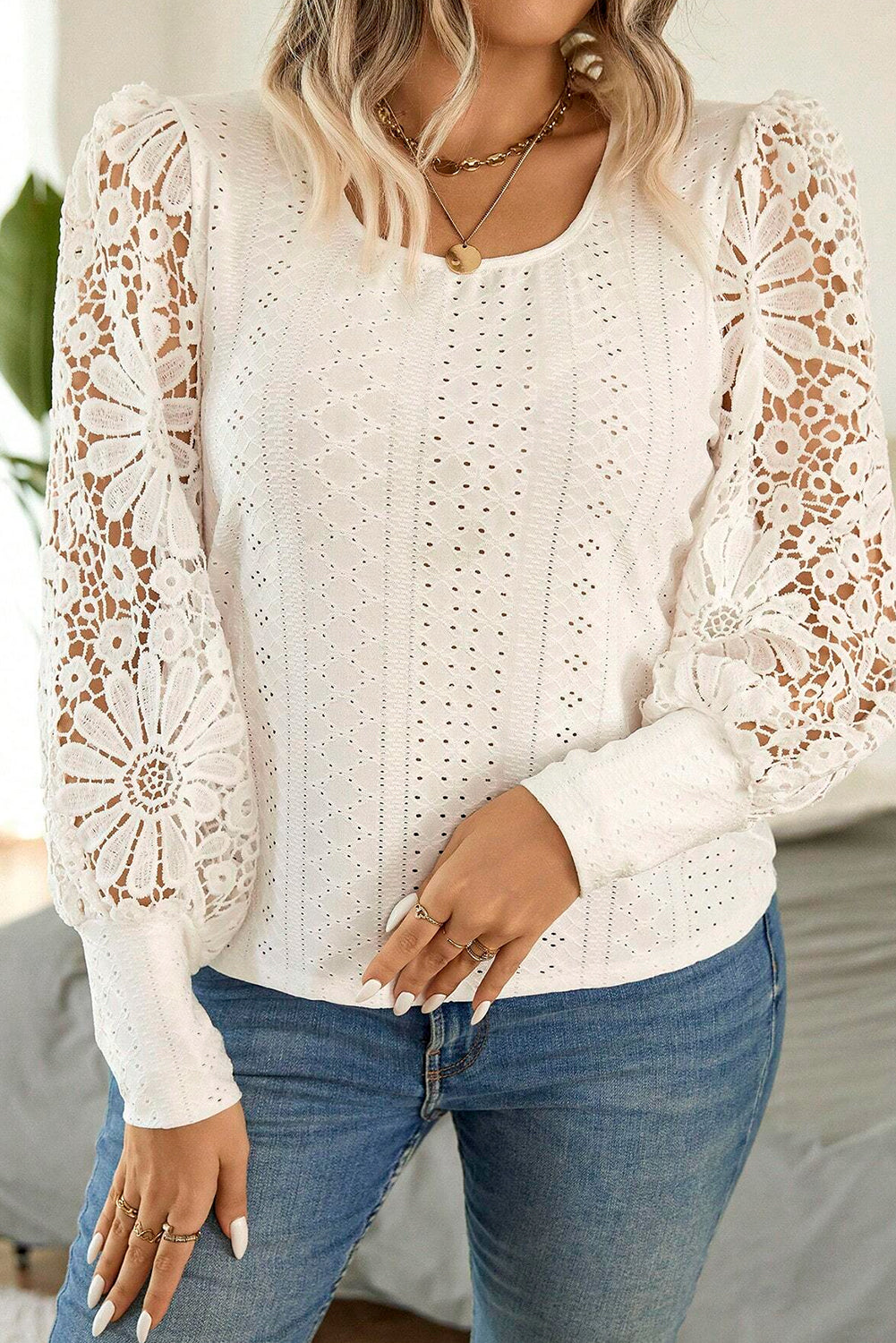 Apricot Floral Guipure Lace Puff Sleeve U Neck Eyelet Plus Size Blouse