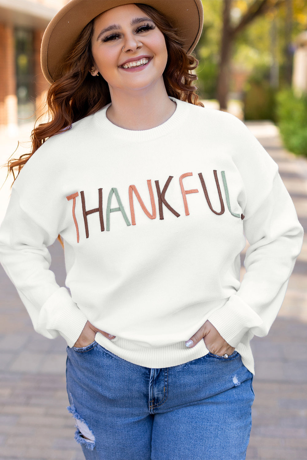 White Plus Size Thankful Embroidered Sweater