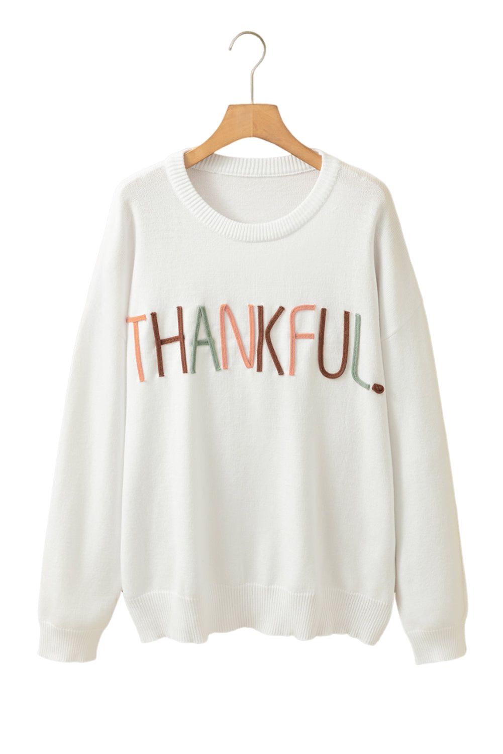 White Plus Size Thankful Embroidered Sweater