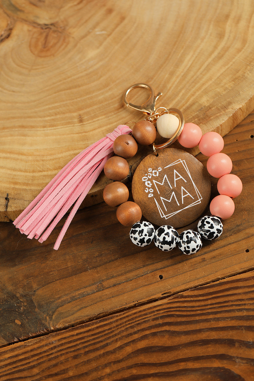 Pink Mama Leopard Wood Beads Fringe Bracelet Keychain