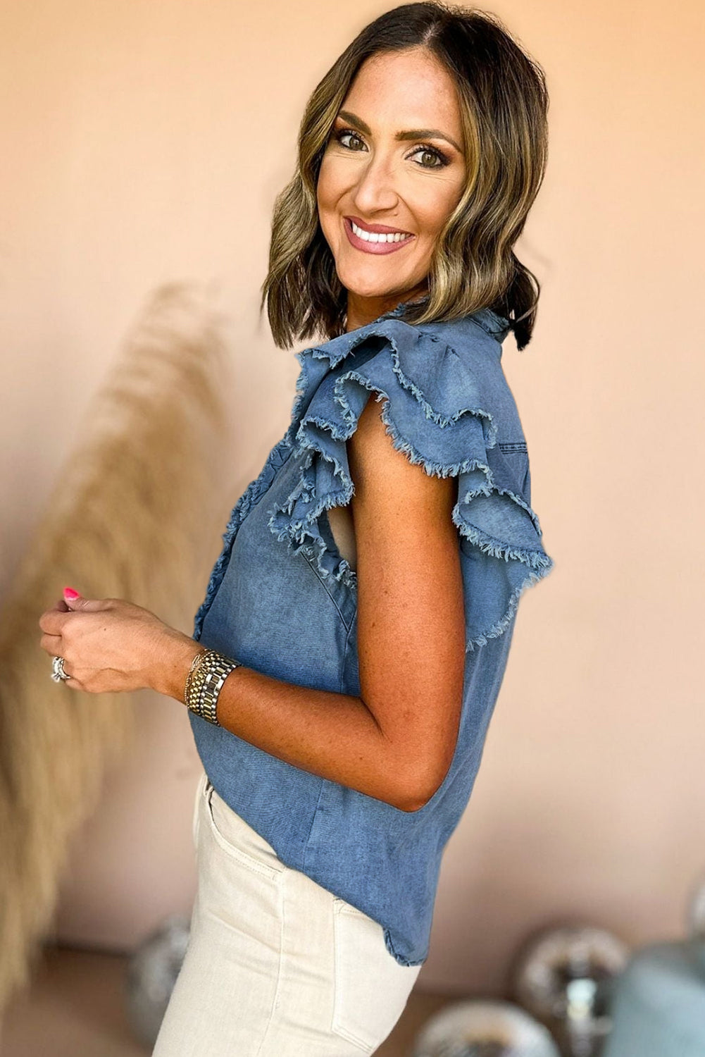 Beau Blue Button Front Ruffled Flutter Frayed Denim Top