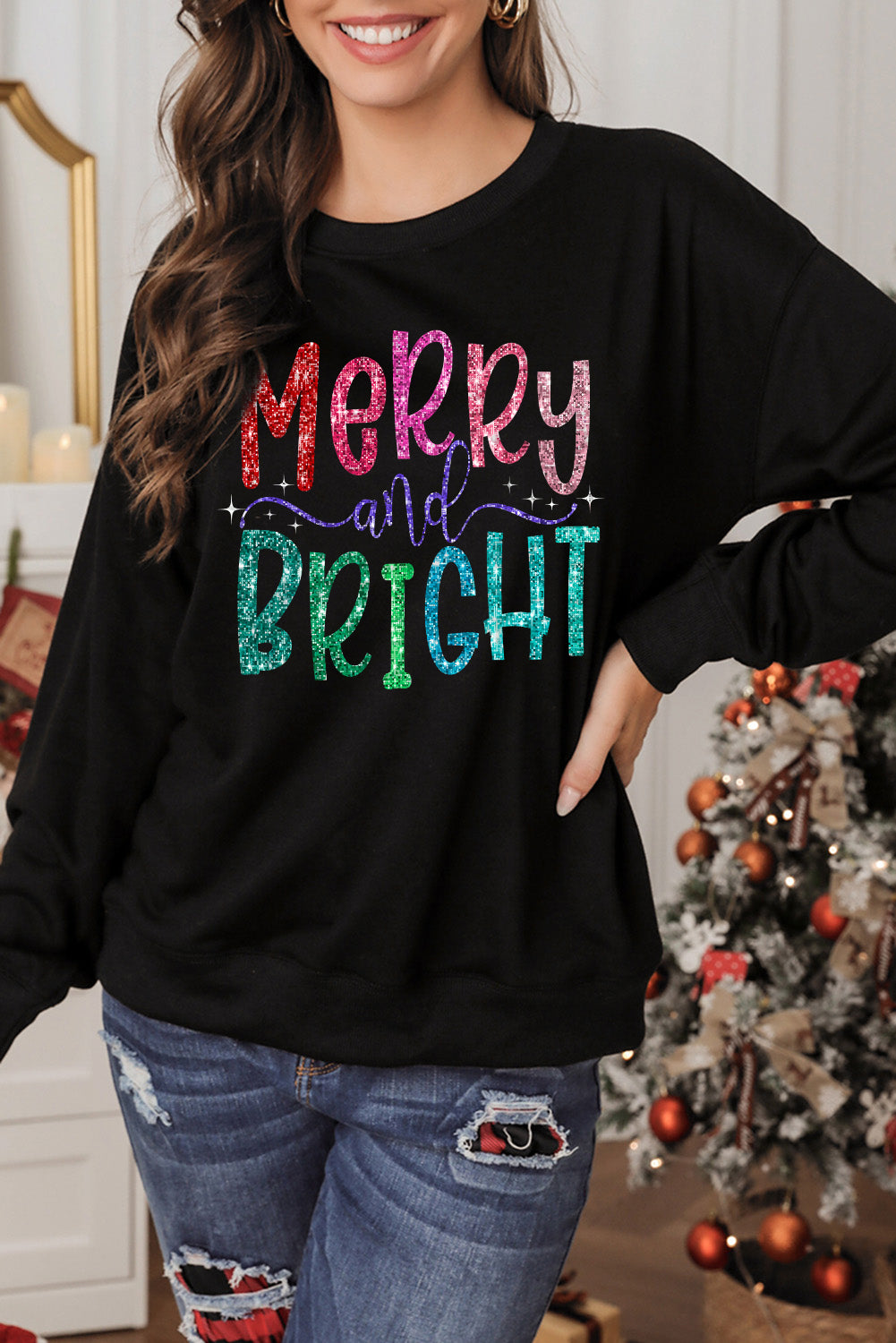 Black Glittering Merry and Bright Graphic Christmas Pullover Sweatshirt