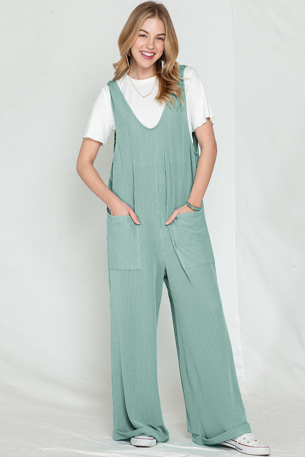 Green Pockets Oversized Ribbed Wide Leg Jumpsuit