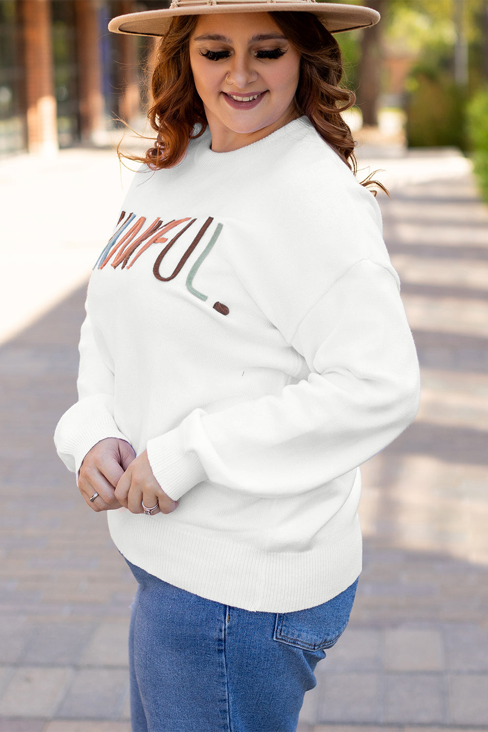 White Plus Size Thankful Embroidered Sweater