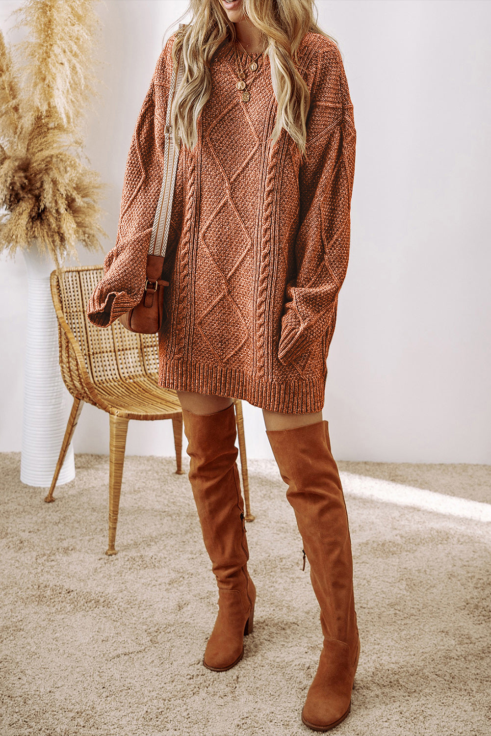 Coffee Twist Cable Knit Drop Shoulder Loose Fit Sweater Dress