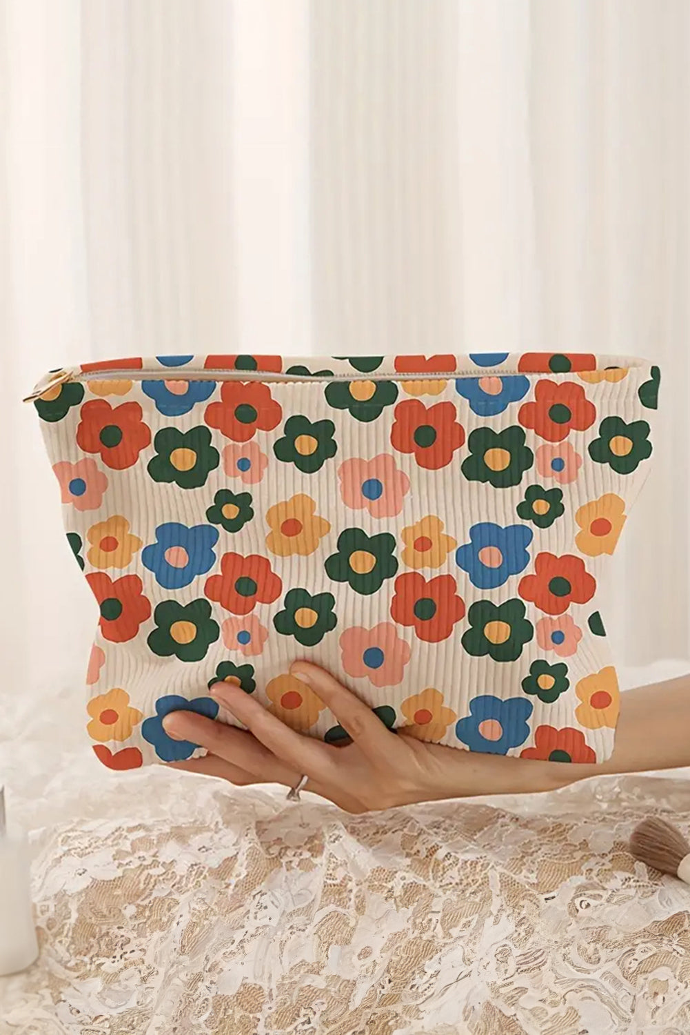 Black Flower Printed Rib Textured Cosmetic Bag