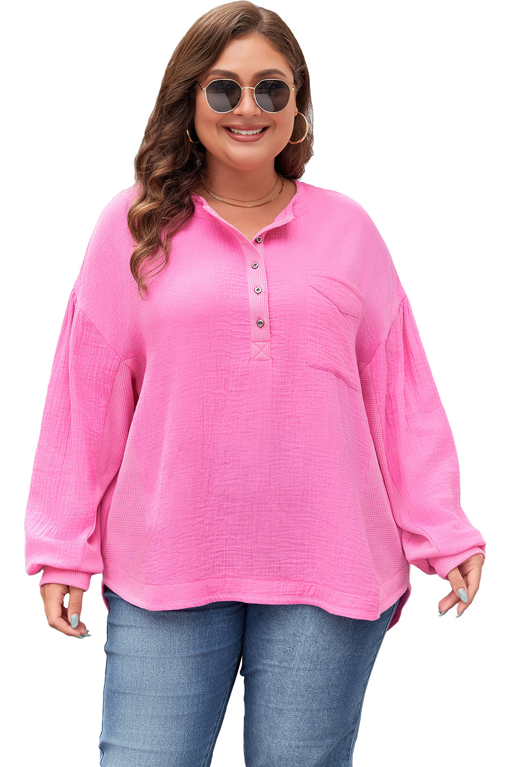 Bonbon Chest Pocket Crinkle Drop Sleeve Plus Size Henley Top