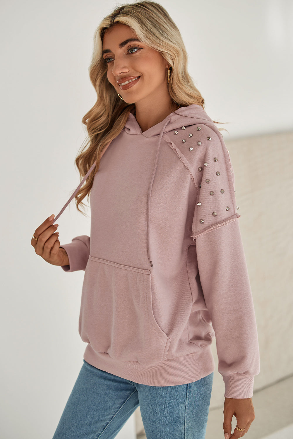 Sand Pink Stud Detail Kangaroo Pocket Hoodie