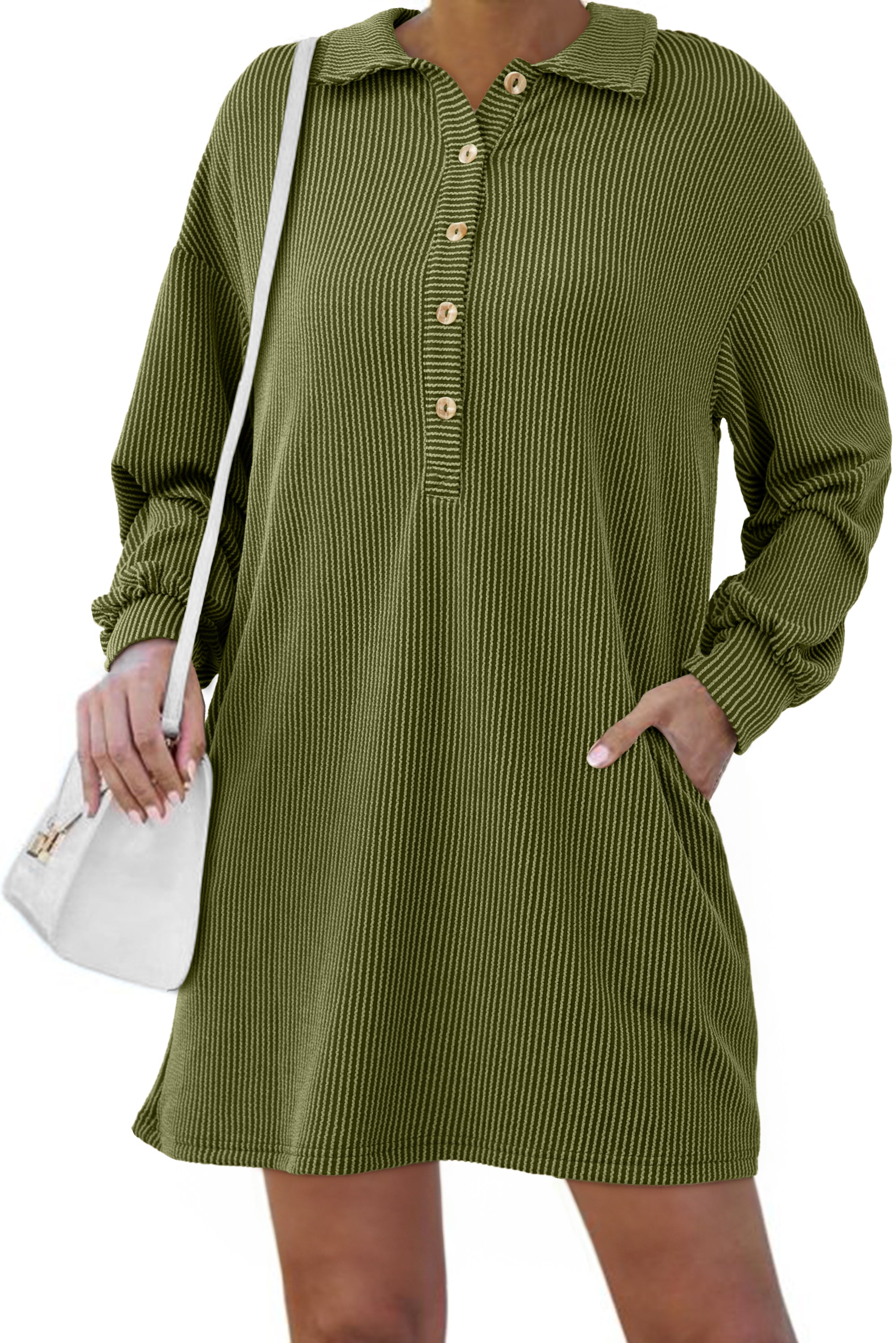 Moss Green Corded Buttons Placket Collared Shift Dress