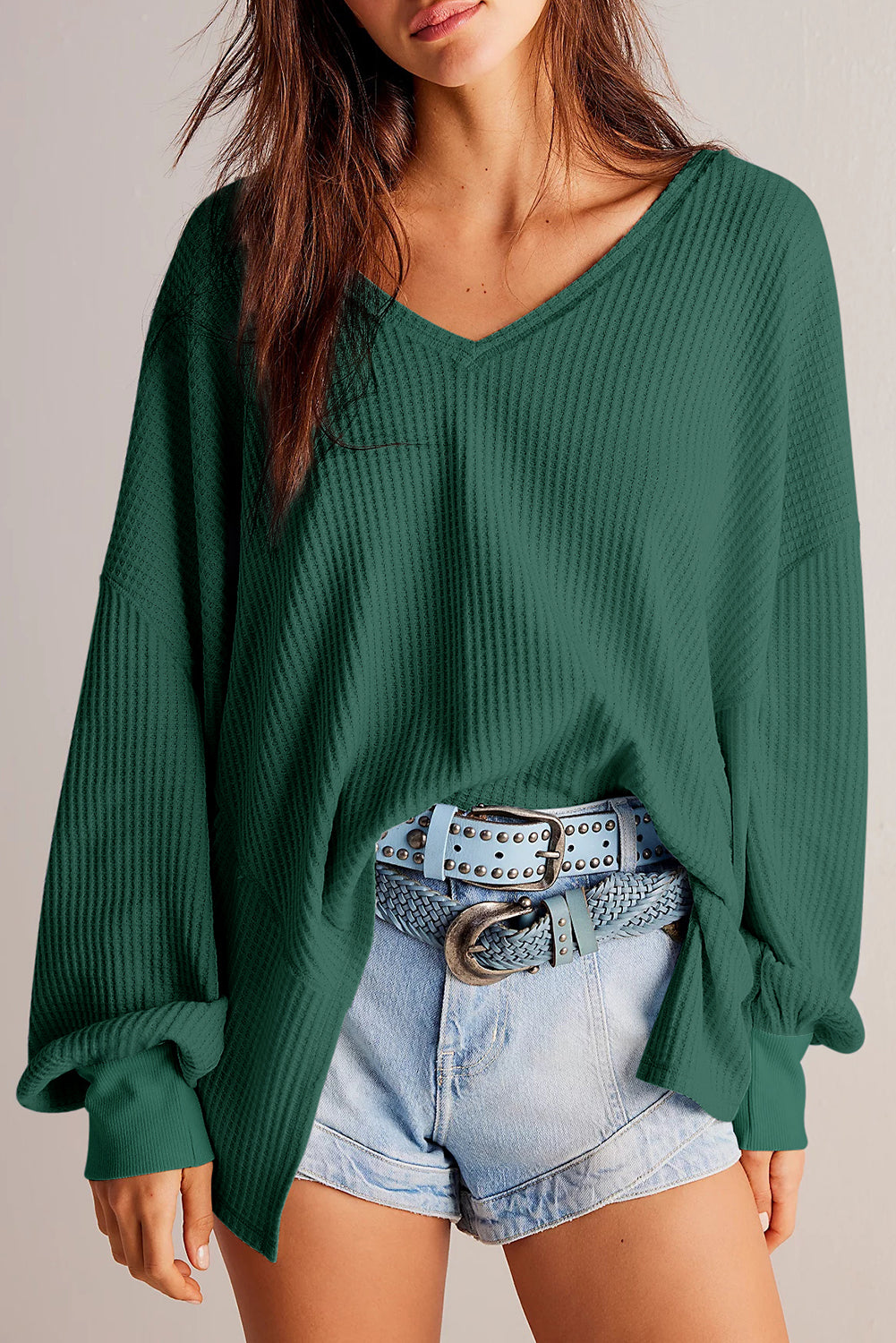 Waffle V Neck Drop Shoulder Loose Top