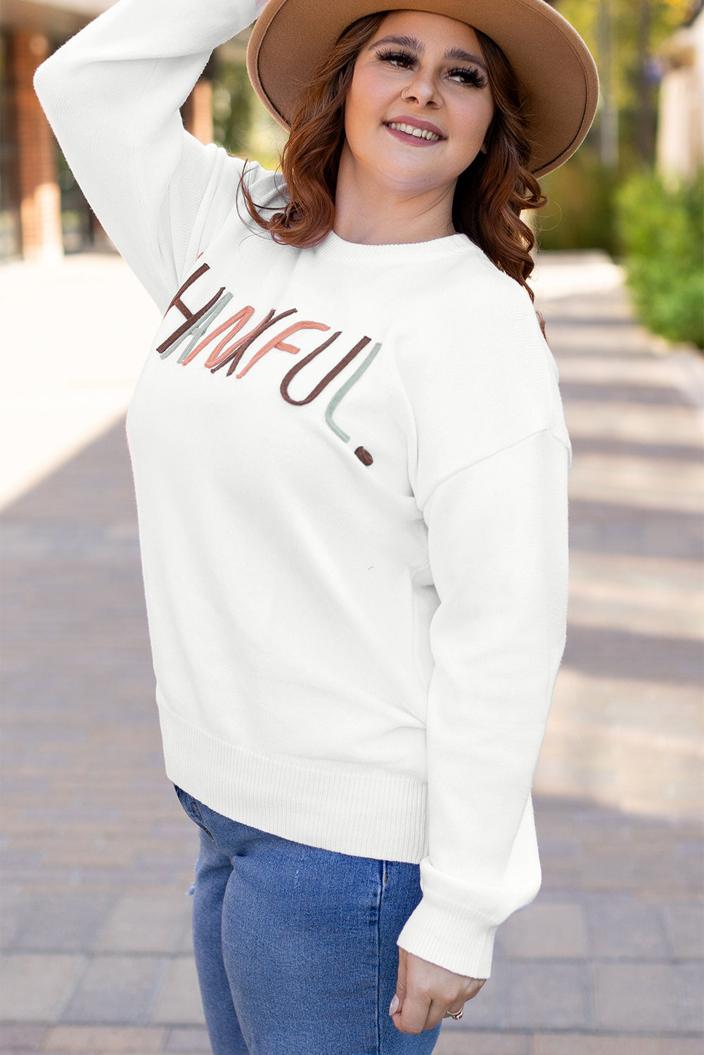 White Plus Size Thankful Embroidered Sweater