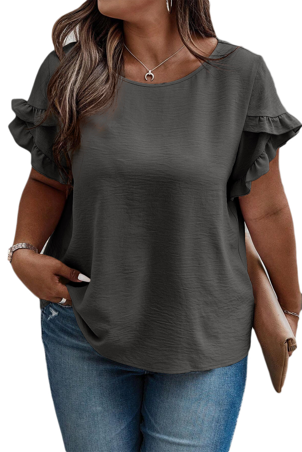 Black Ruffled Short Sleeve Plus Size Top