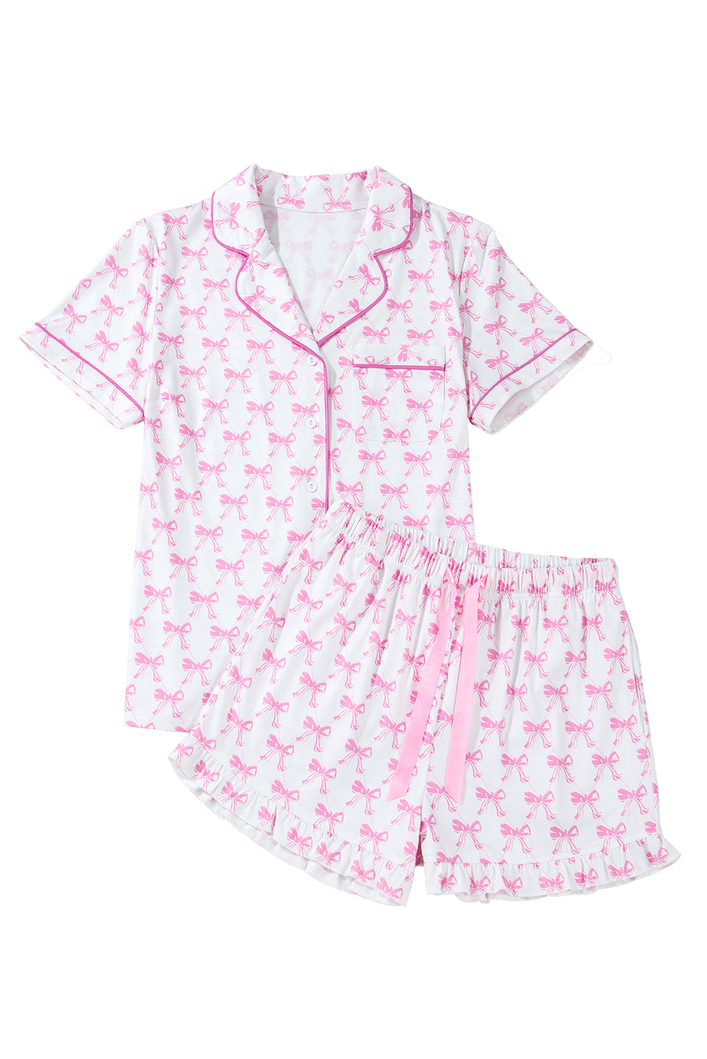 Pink Bowknot Print Shirt and Ruffle Hem Shorts Pajama Set