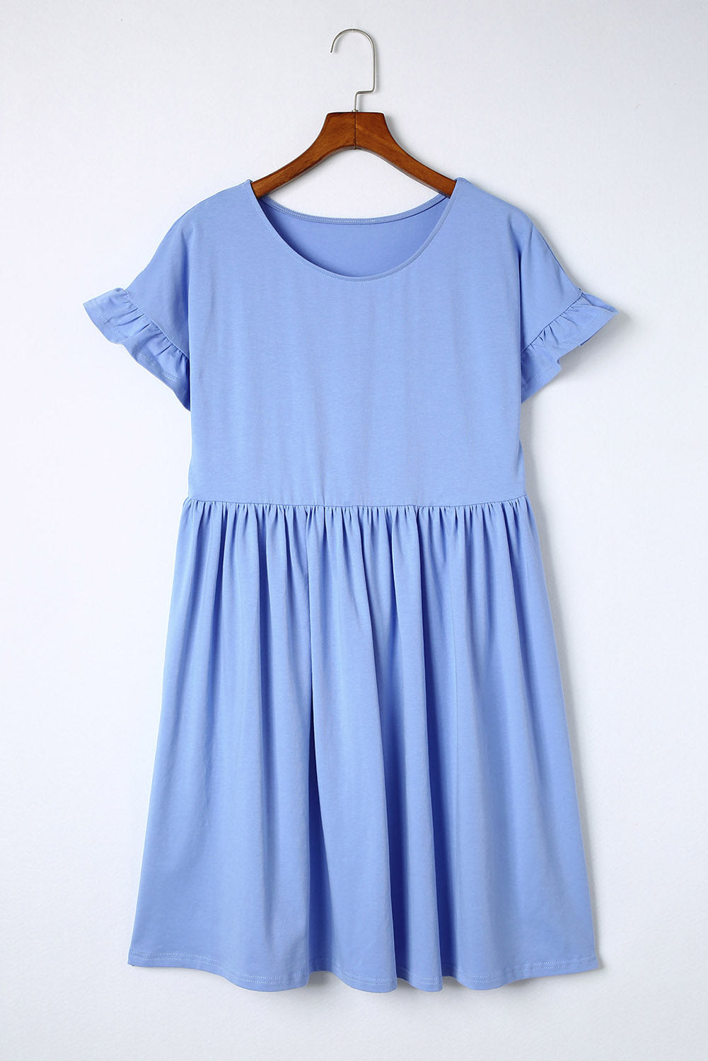 Sky Blue Round Neck Ruffle Sleeve Loose Pleated Dress