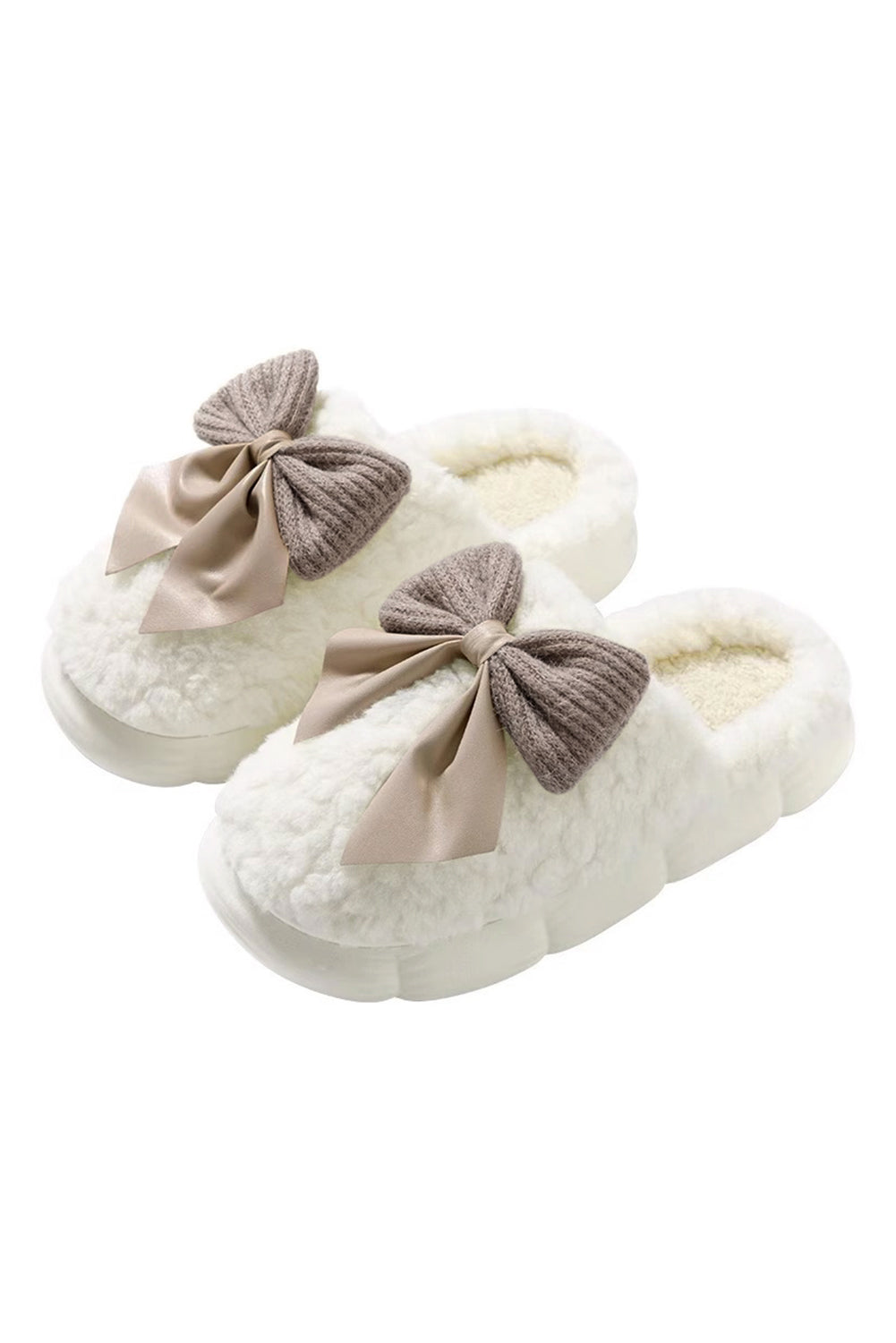 Pink Contrast Bowknot Applique Plush Winter Slippers