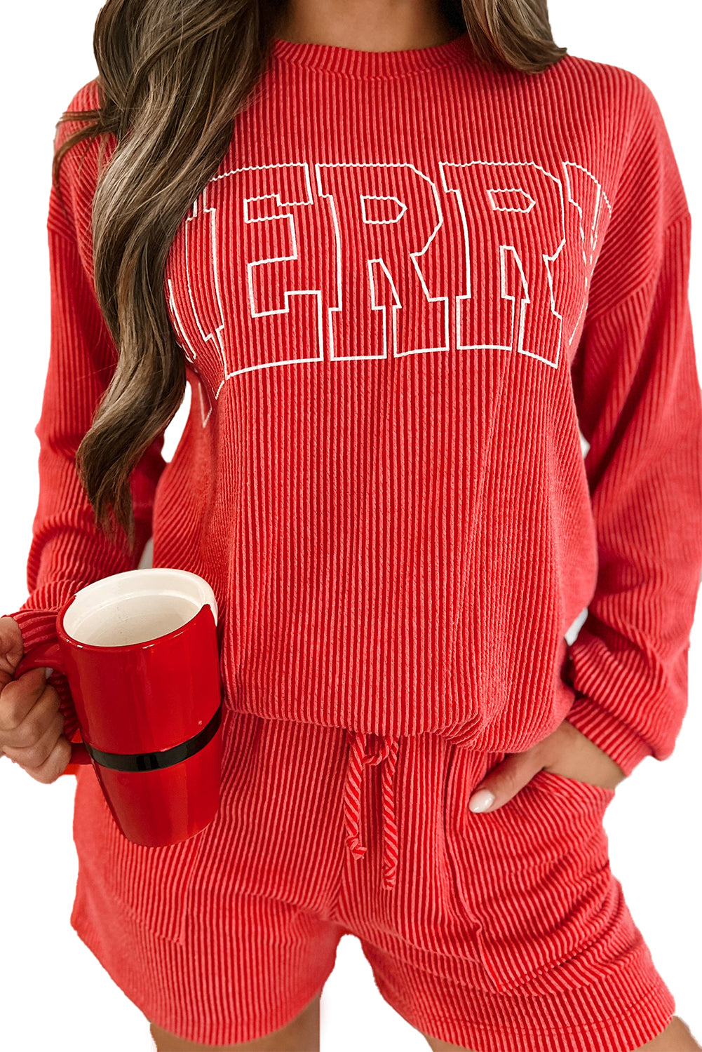 Evergreen Corded MERRY Long Sleeve Top and Shorts Pajama Set