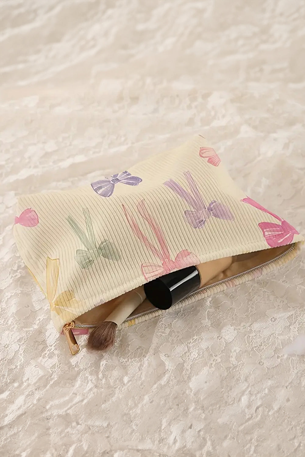 Beige Bow Print Corduroy Makeup Bag