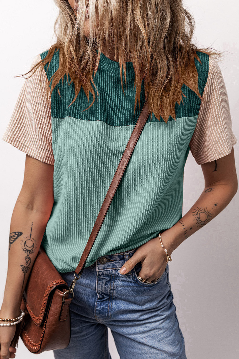 Pink Rib Textured Colorblock T Shirt