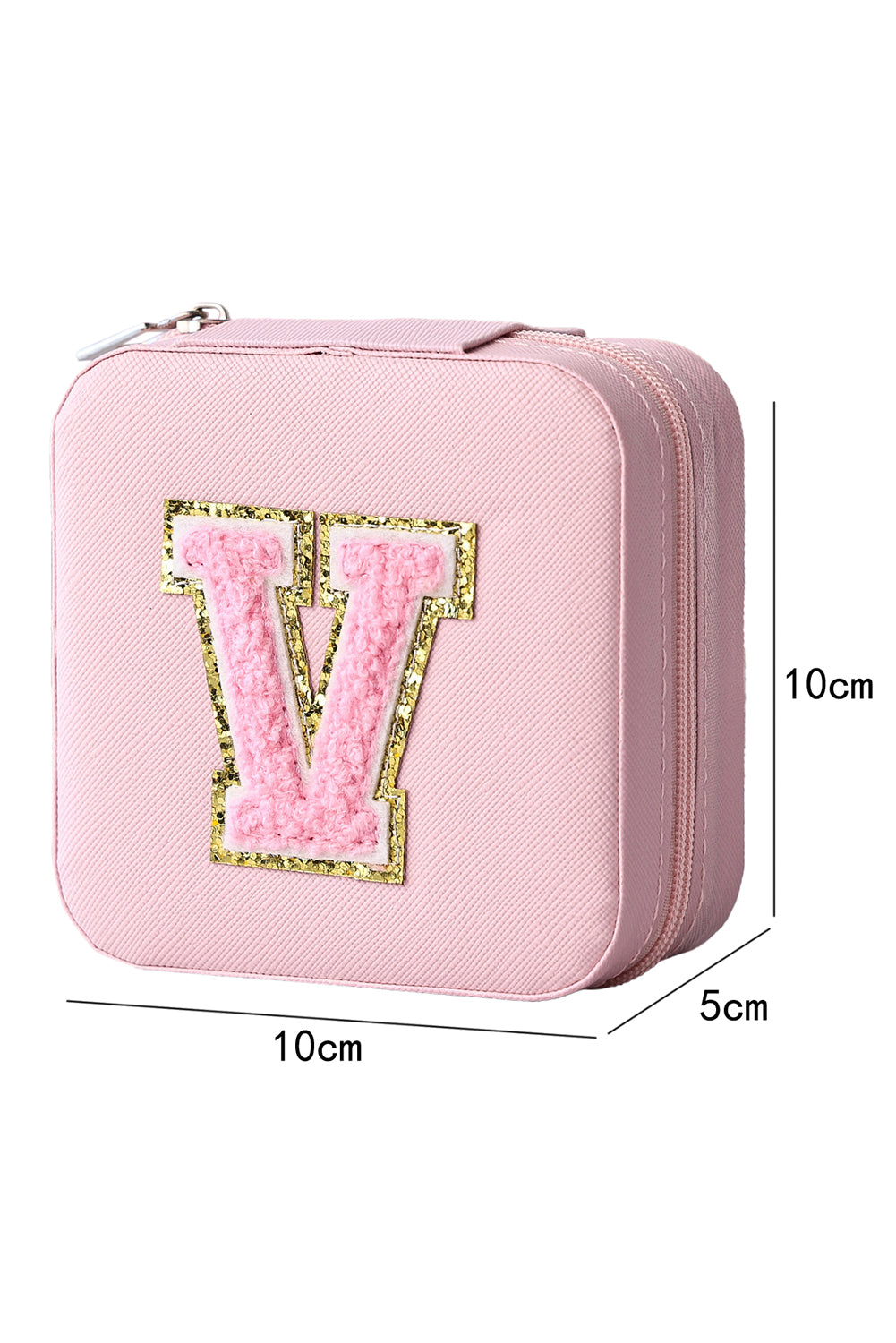 Pink Glitter Chenille V Letter Mini Square Jewery Box with Mirror