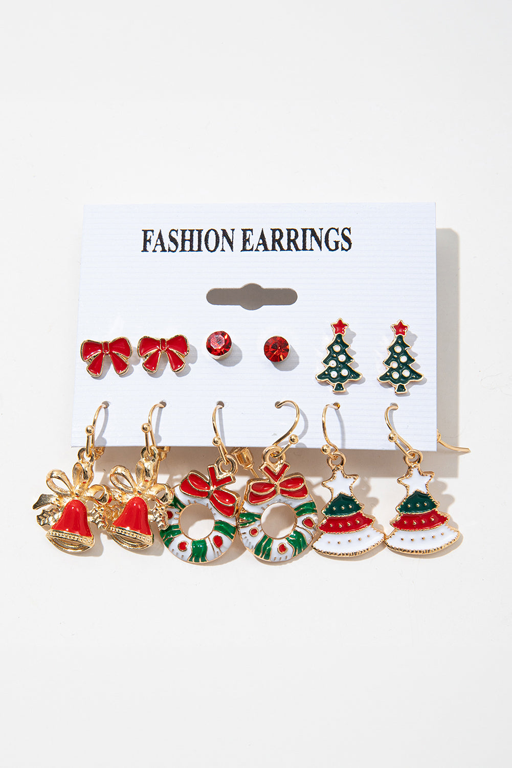 Racing Red Christmas Tree Wreath Bell Bowknot Earring 6 Pairs Set